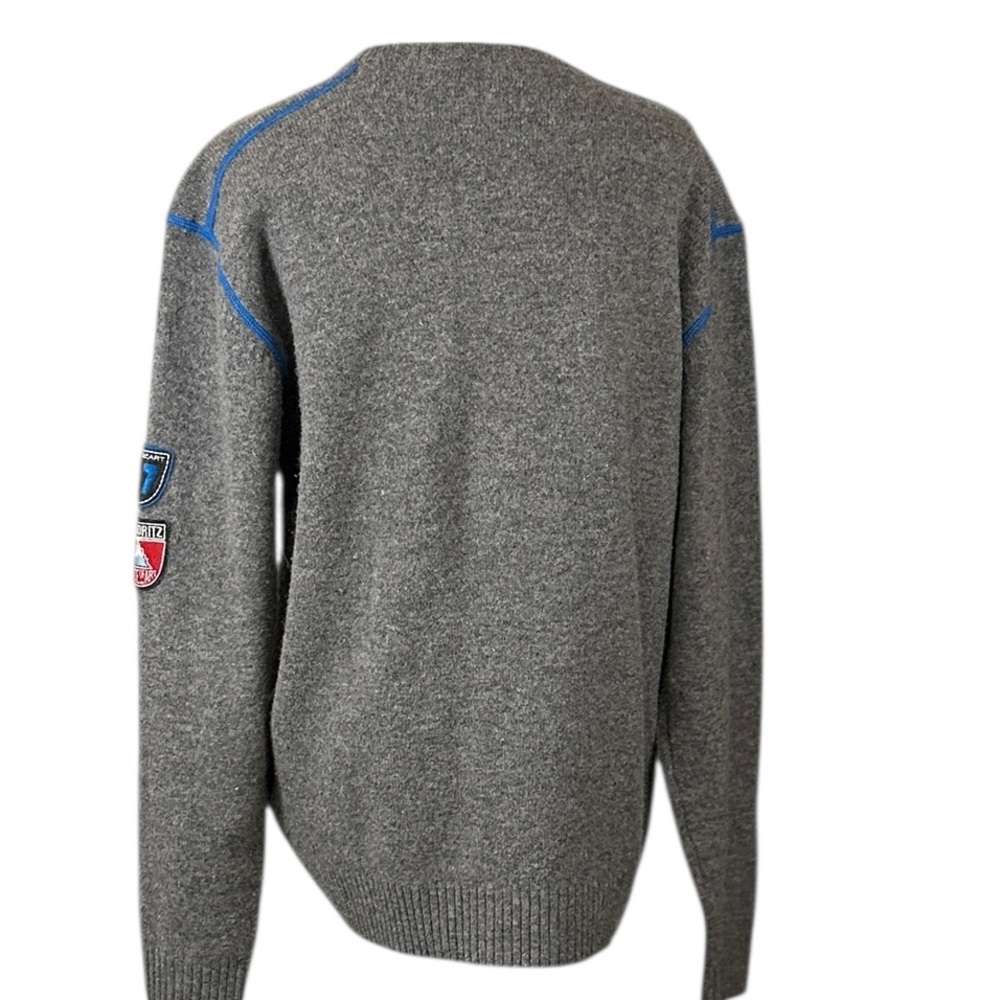 State of Art Men’s Pure Wool Sweater Size M Gray Blue Trim St. Moritz Patch - Picture 3 of 11